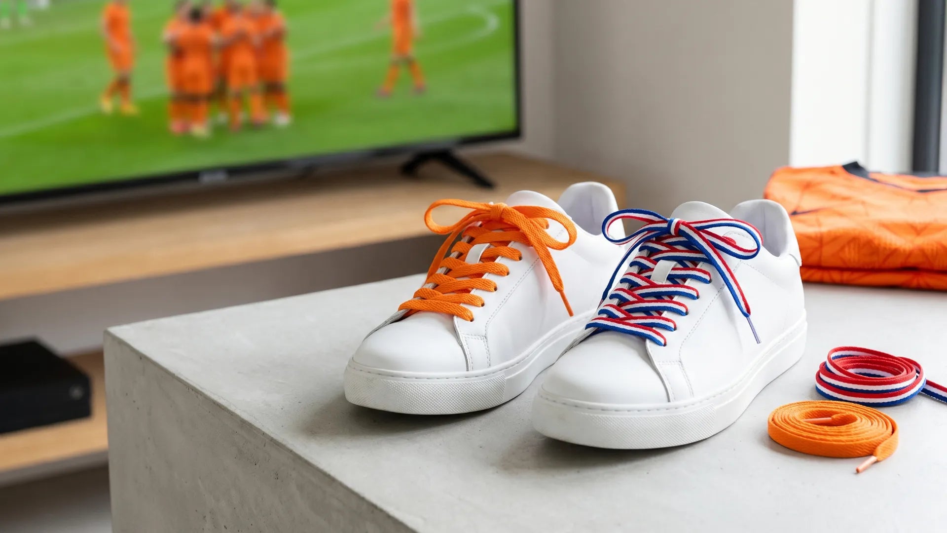 Close up van witte sneakers met felle oranje veters en een voetbal ernaast, symbool voor matchday styling tijdens het WK