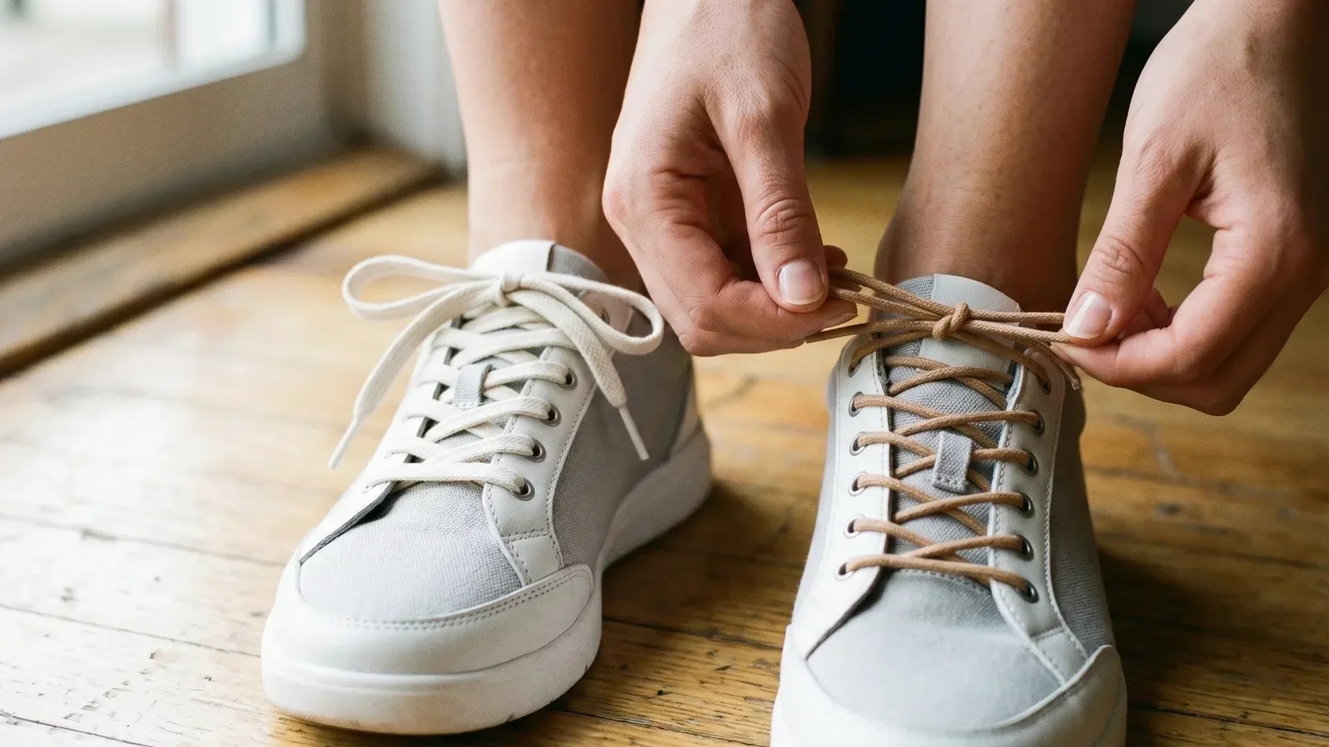 Close up van een sneaker met witte veters netjes gestrikt door de vetergaatjes voor optimaal draagcomfort