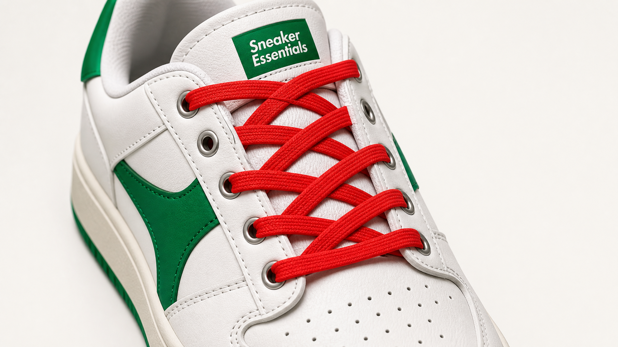 Detailfoto van een sneaker met een opvallende rode veter in een creatieve vetertechniek, aangevuld met groene veteraccenten voor een unieke sneakerlook.
