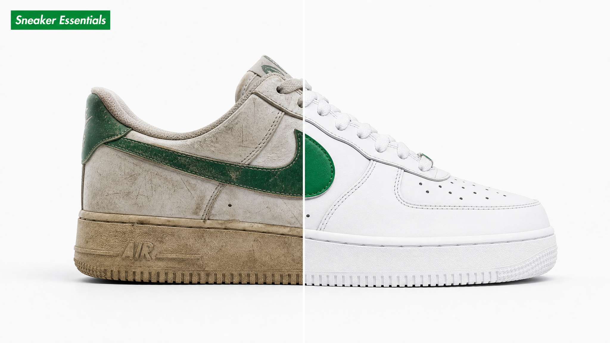 Sneaker in twee helften, versleten aan een kant en volledig gerestyled aan de andere kant