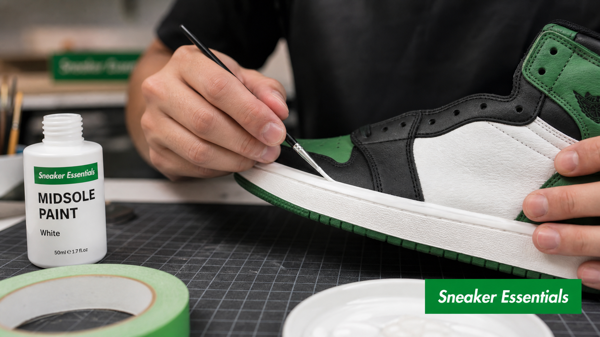 Close up van een sneakerzool waarvan de linkerkant nog vergeeld is en de rechterkant al opnieuw wit is geverfd, ter illustratie van het herstellen van vergeelde midsoles.