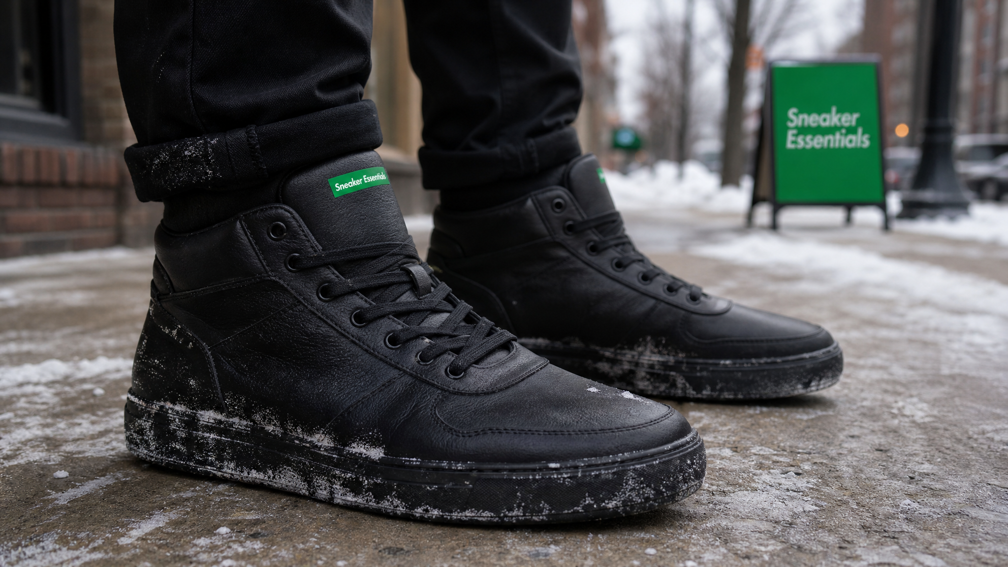 Close up van winterse sneakers met leer en suède die beschermd worden tegen sneeuw en strooizout op straat