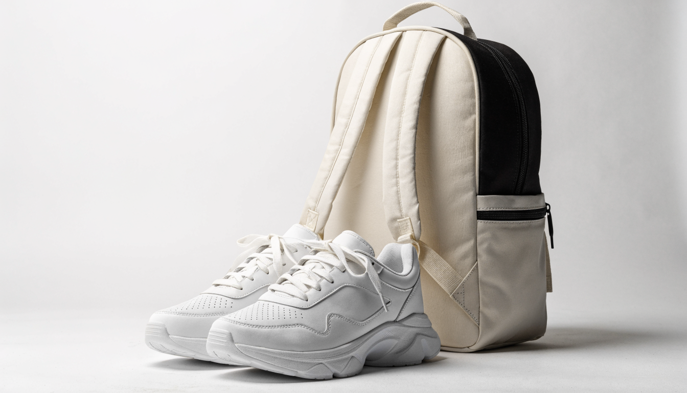 Een paar schone witte sneakers naast een schooltas, klaar voor het nieuwe schooljaar.