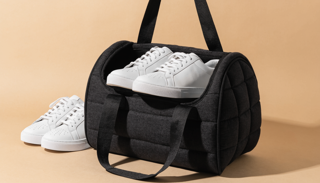 Een nette sneakertas met daarin netjes opgeborgen witte sneakers, gefotografeerd tegen een rustige neutrale achtergrond in een minimalistische studiosetting.