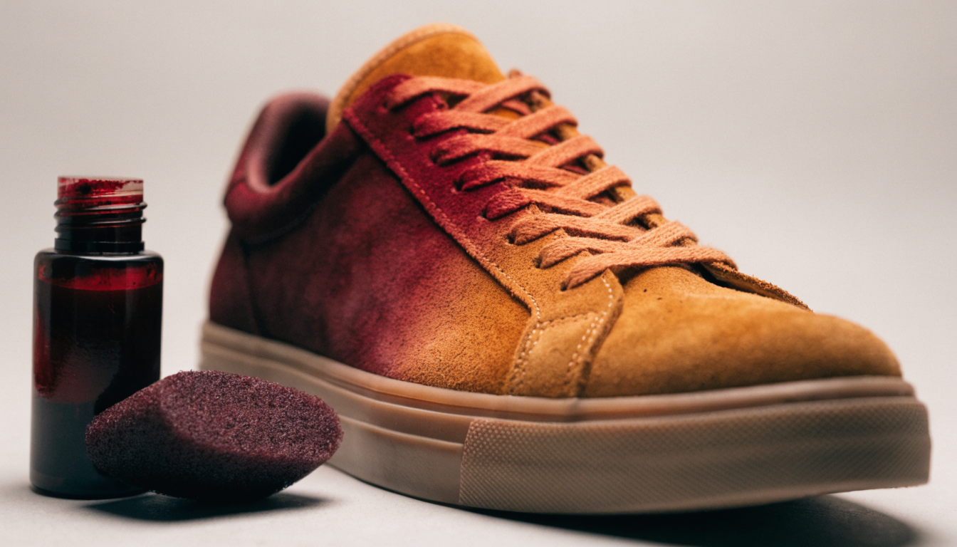 Een suède sneaker krijgt een rijke nieuwe kleur met indringverf, met een verfflesje en applicatiesponsje ernaast op een neutrale studioachtergrond.