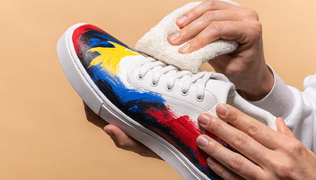 Een paar handen reinigt voorzichtig een handbeschilderde sneaker met een zachte microvezeldoek, waarbij het levendige geschilderde ontwerp goed zichtbaar blijft.