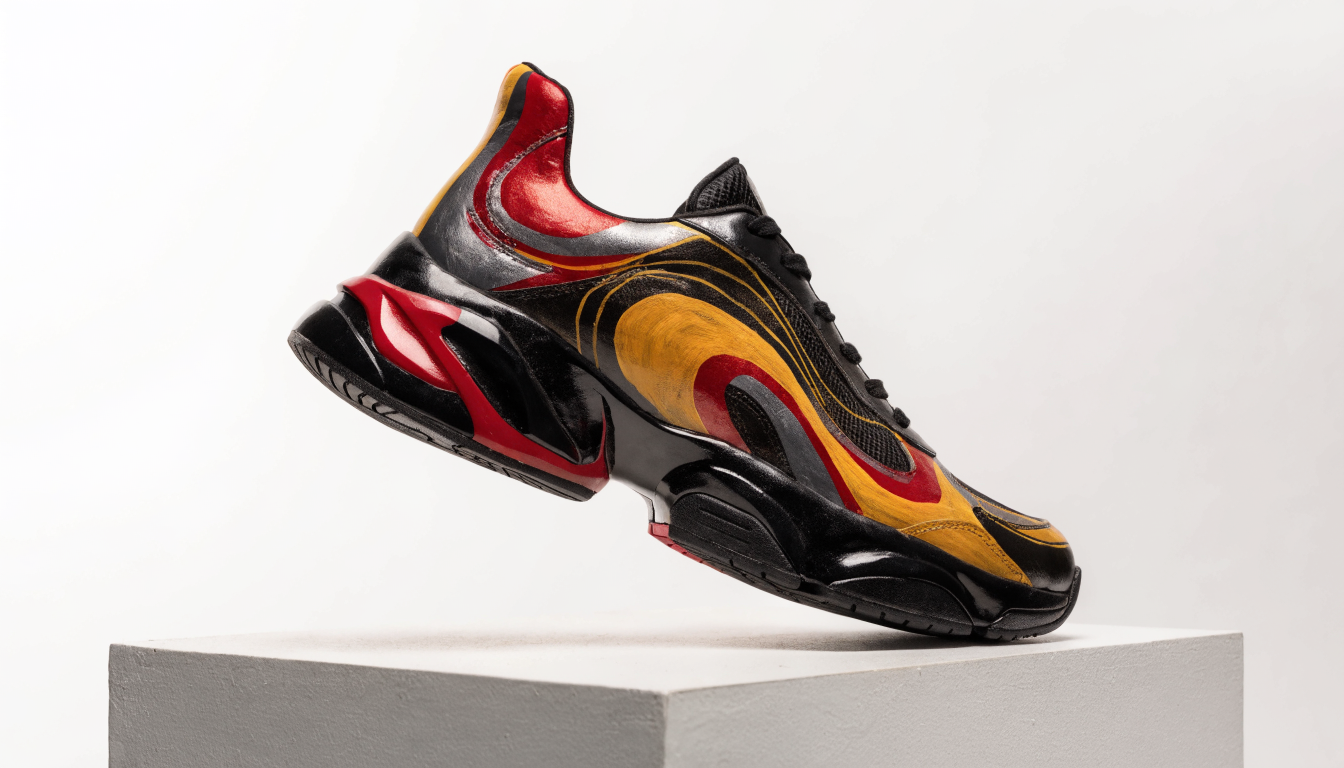 Een prachtig handbeschilderde custom sneaker wordt als verzamelobject uitgelicht op een sokkel tegen een minimalistische achtergrond.