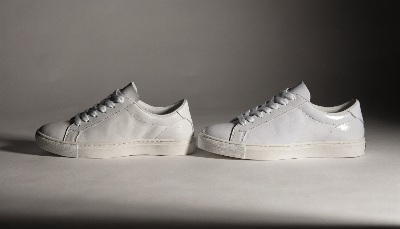 Twee identieke witte sneakers naast elkaar, de linker met een matte afwerking en de rechter met een glanzende afwerking, belicht om het verschil in glans te tonen.