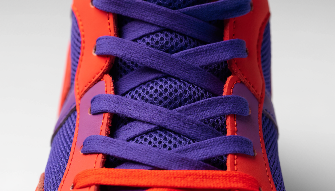 Detailopname van een kleurrijke sneaker met veters die perfect aansluiten bij de kleuren van de schoen.