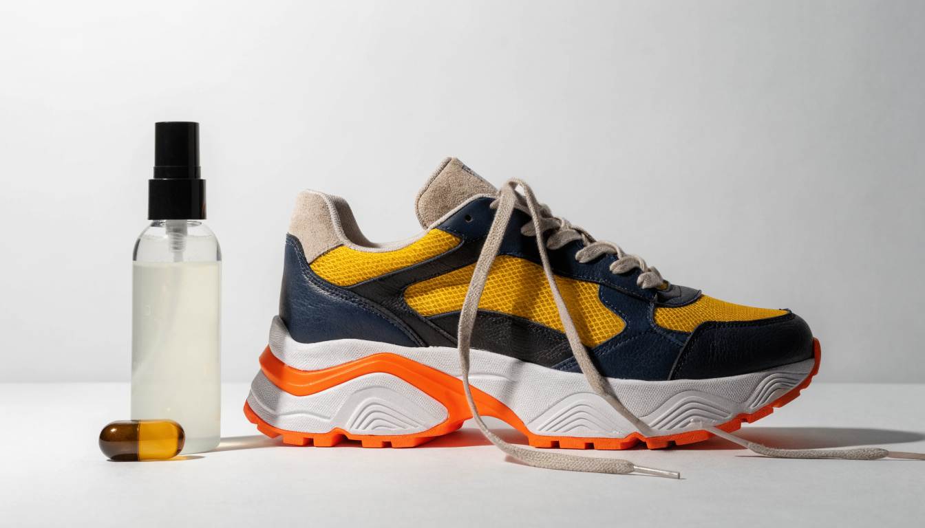 Een verzorgingsspray en een geurabsorberend capsuletje naast een kleurrijke custom sneaker tegen een rustige neutrale achtergrond.