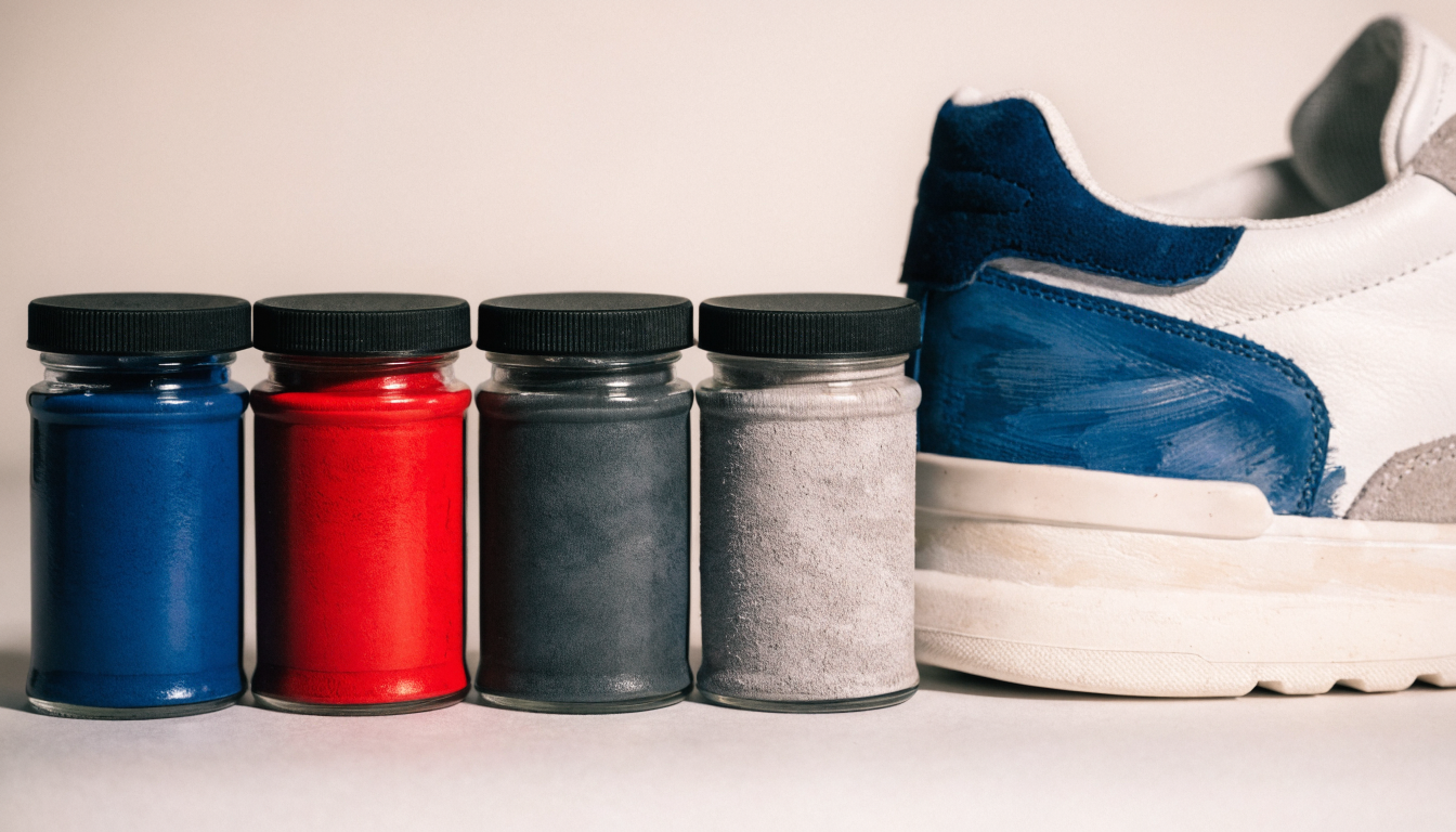 Een rij potjes leerverf in diepblauw, felrood en grijs naast een sneaker die deels opnieuw geschilderd is in een strak verzorgd studiobeeld.