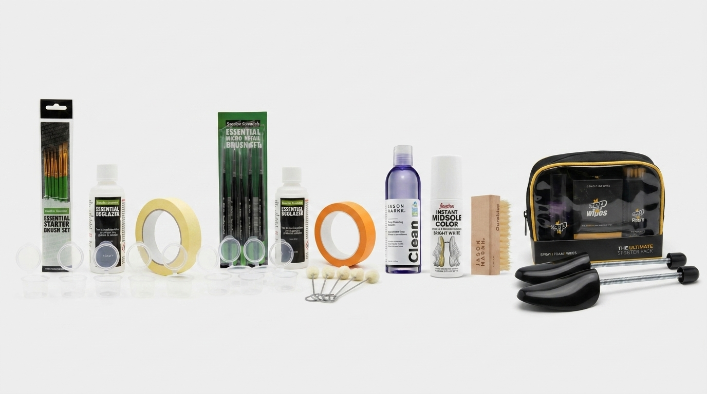 De vier Sneaker Essentials customization bundels naast elkaar: Basic Essentials, Premium Essentials, Witte Zool Redder en Festival Weekend Warrior kit.
