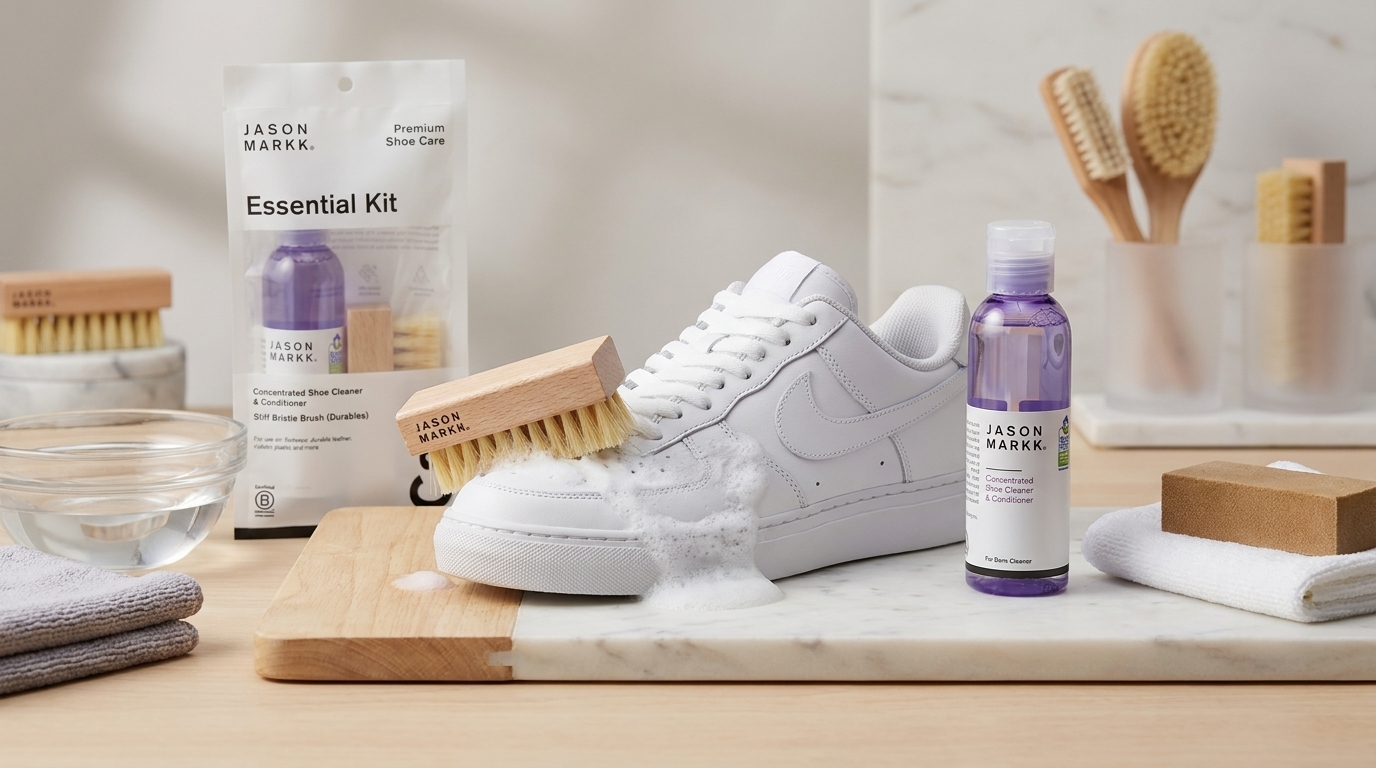 Professionele sneaker cleaning workstation met het Jason Markk Essential Kit klaargezet voor een grondige reiniging.