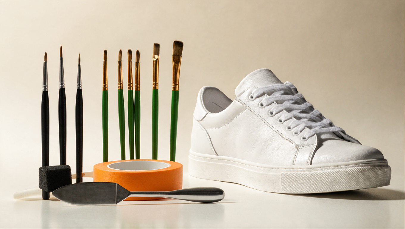 Fijne penselen, een sponsapplicator en maskeertape overzichtelijk uitgestald naast een witte sneaker in zacht studiolicht.