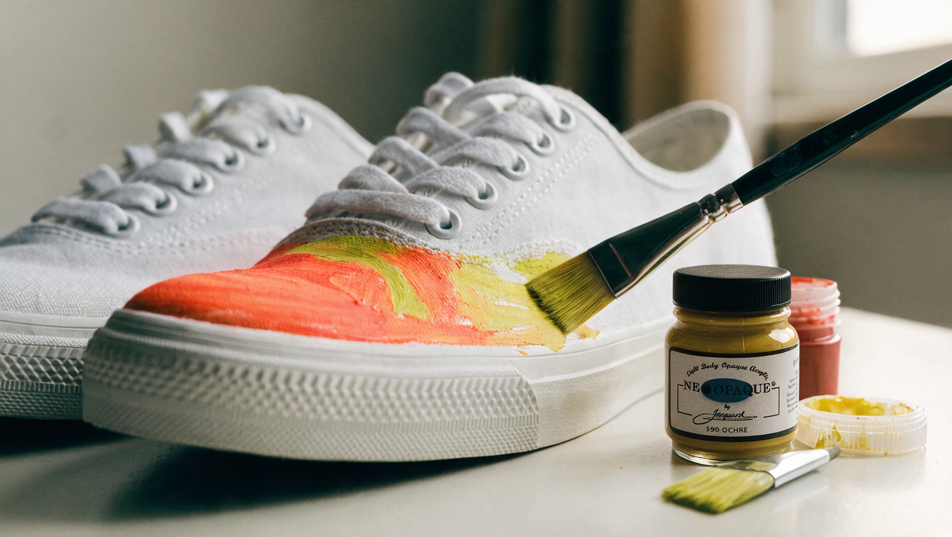 Canvas sneaker die met een fles Jacquard textielverf wordt beschilderd tijdens het customizen.