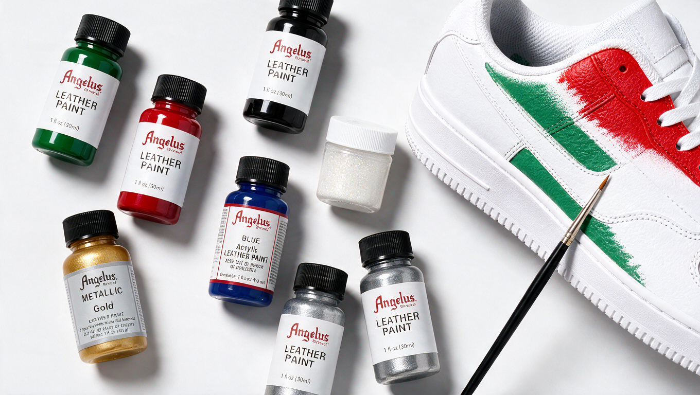 Authentieke Angelus leerverf flesjes met correcte labels naast een sneaker tijdens het customizen.