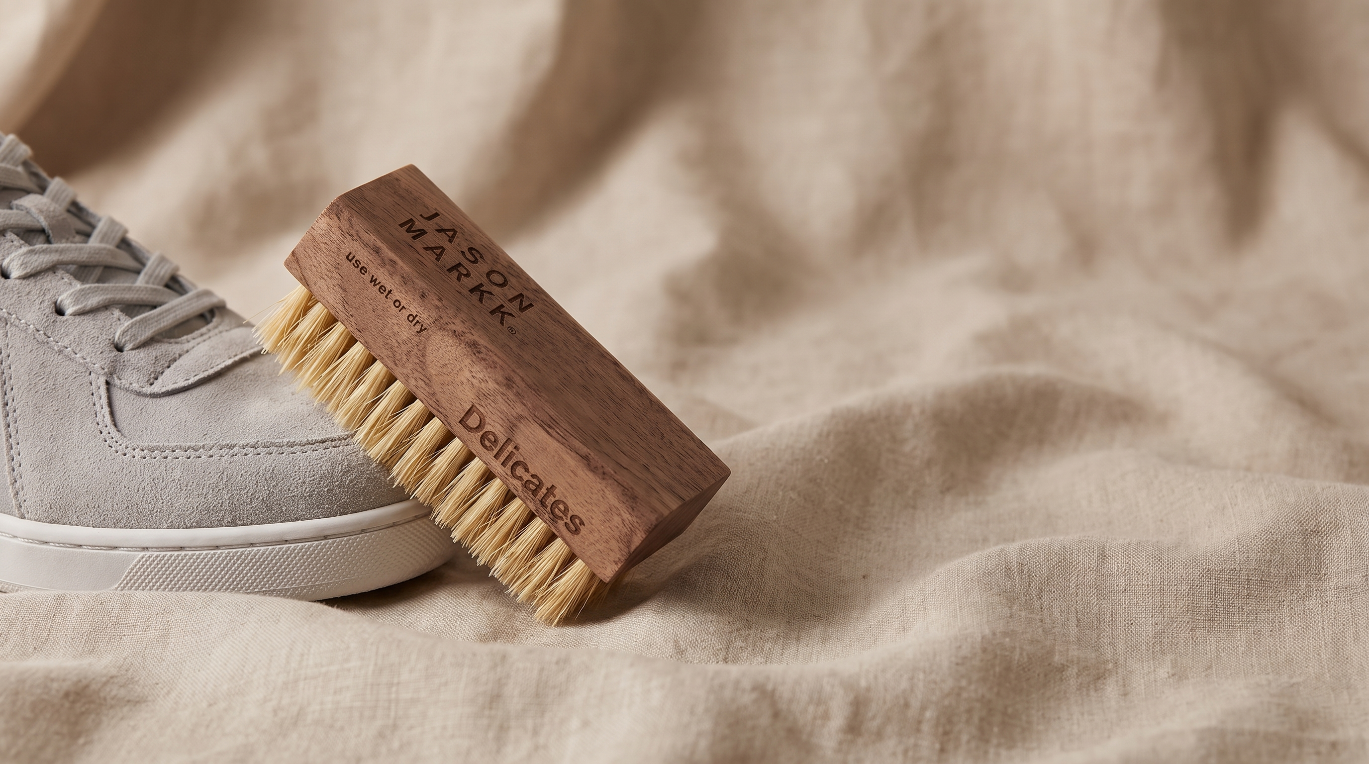 Jason Markk Delicates Cleaning Brush op een lichtgrijze suède sneaker