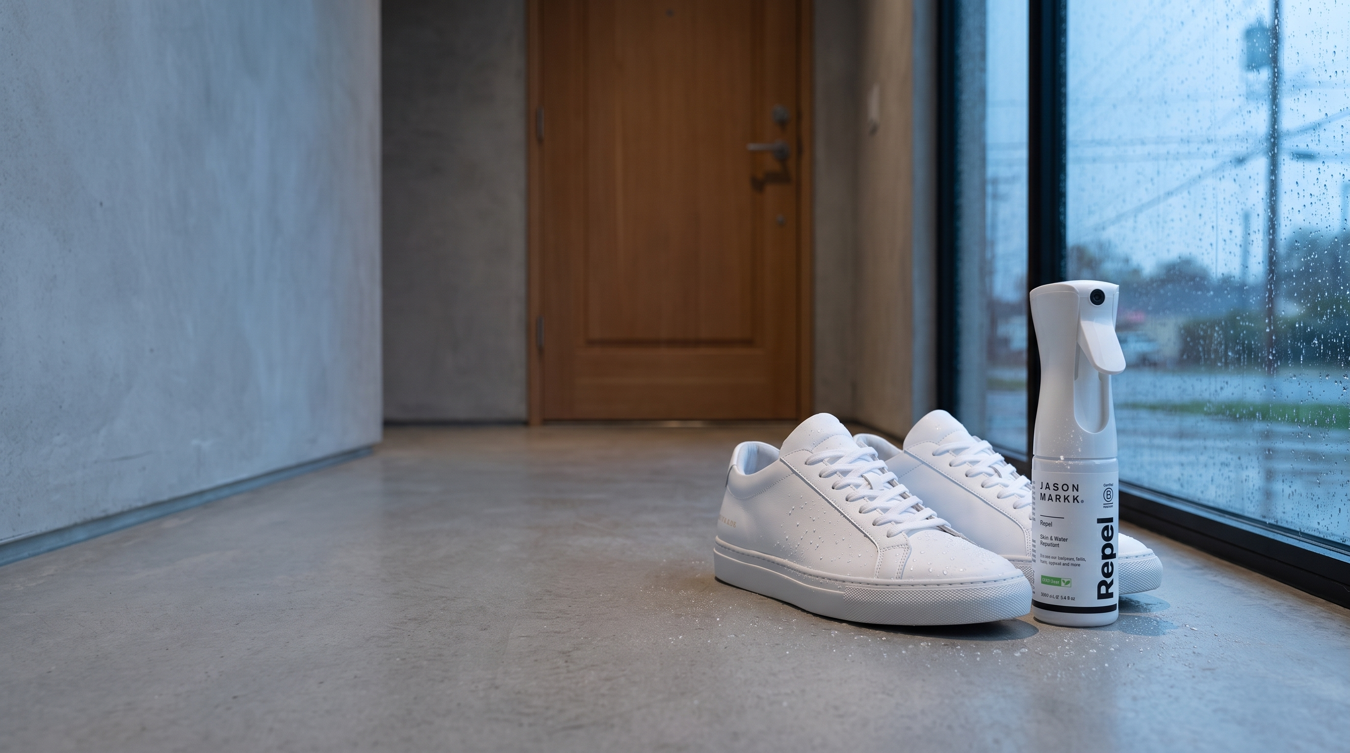 Fles Jason Markk Repel 360° Spray naast sneakers bij een regenachtige voordeur