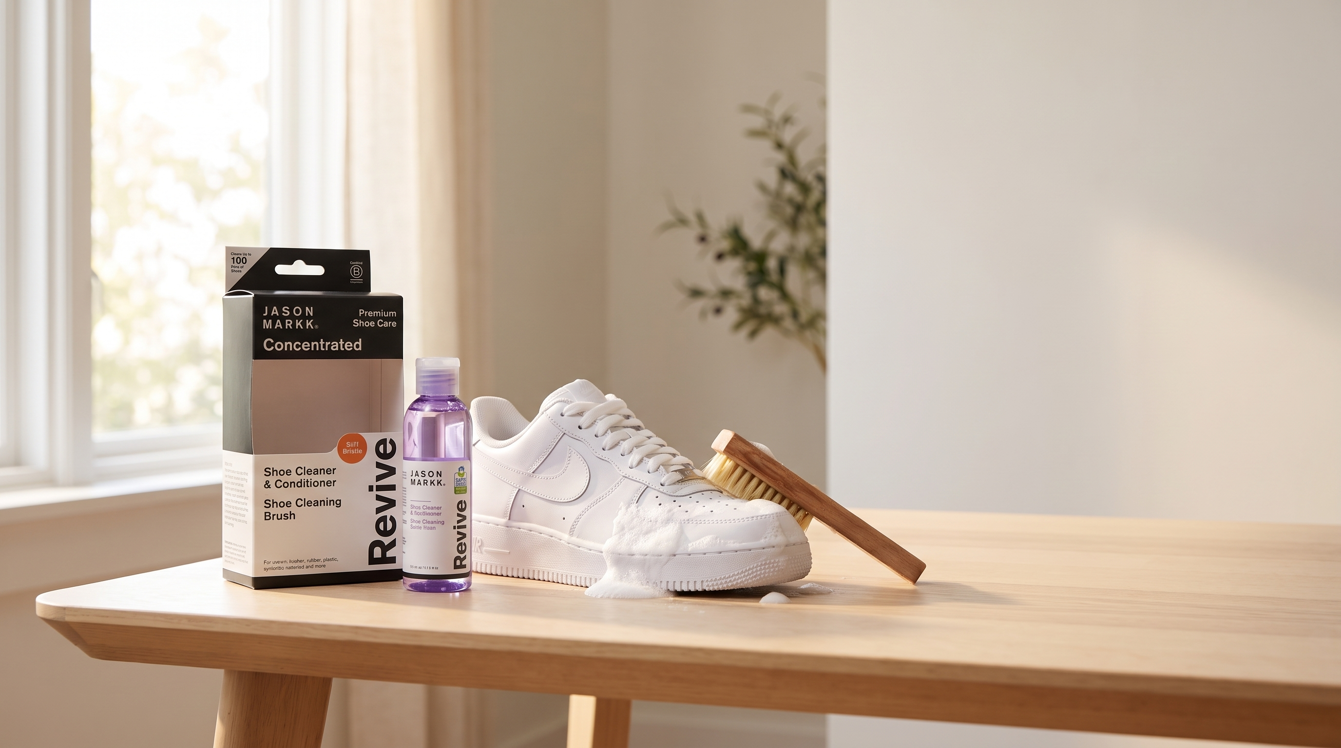 Geopende Jason Markk Essential Kit naast een sneaker die wordt schoongemaakt met schuim