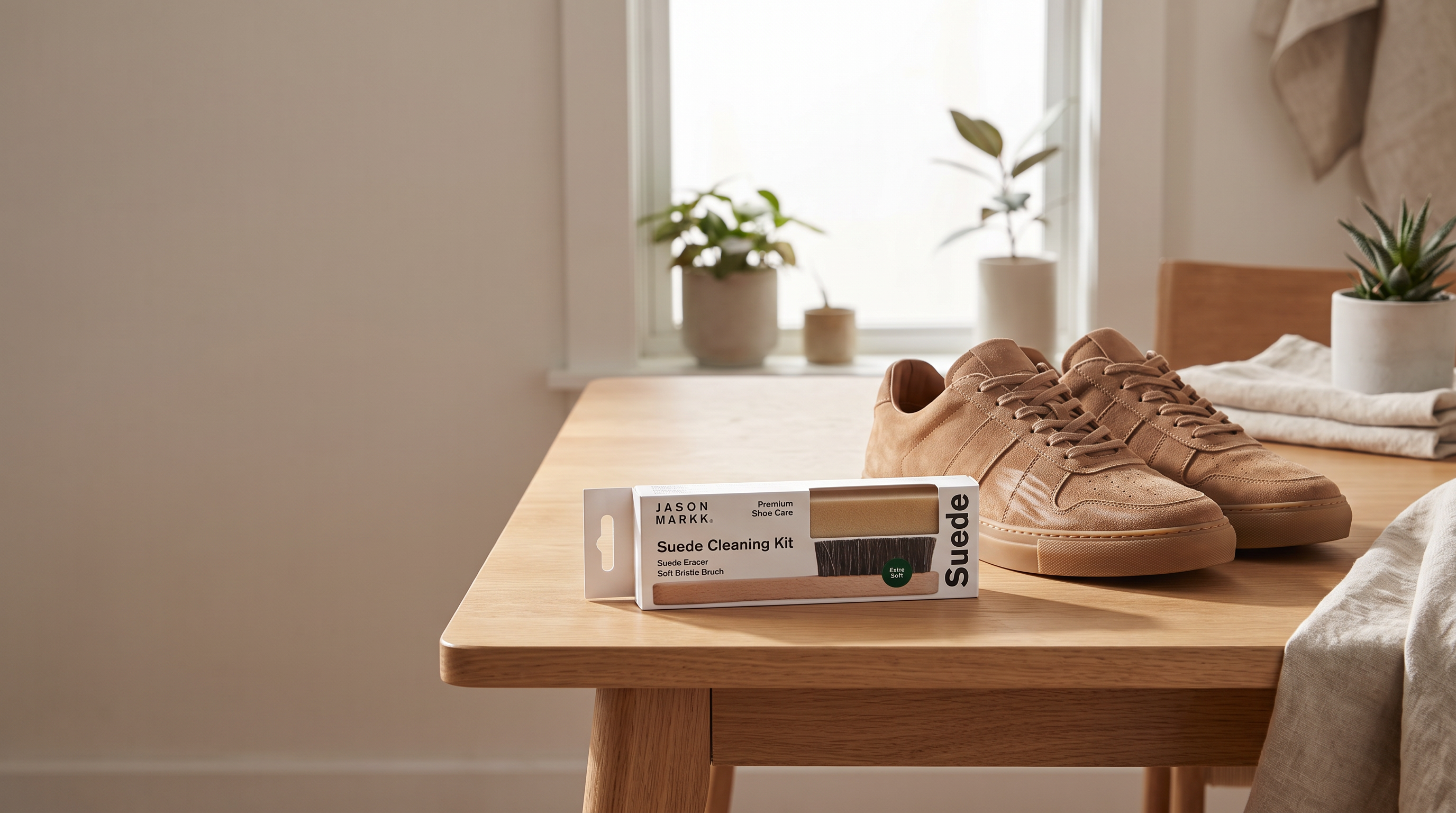 Geopende Jason Markk Suede Cleaning Kit naast suède sneakers op een houten ondergrond