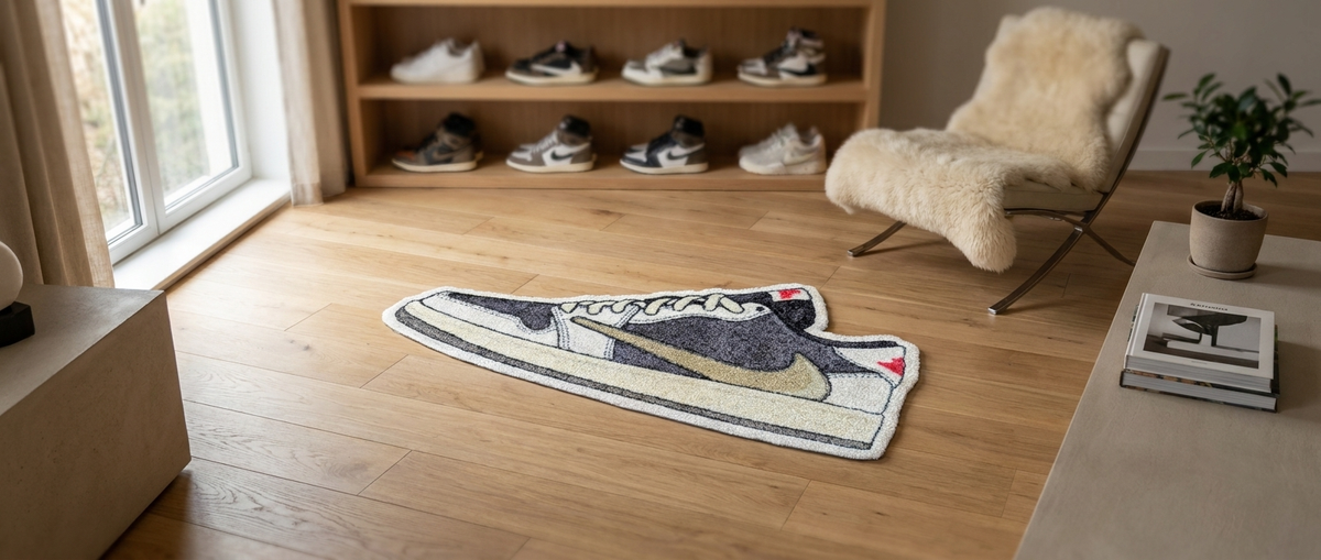 Cutout vloerkleed in de vorm van de Jordan 1 Low x Travis Scott Olive, in een stijlvolle sneakerhead kamer