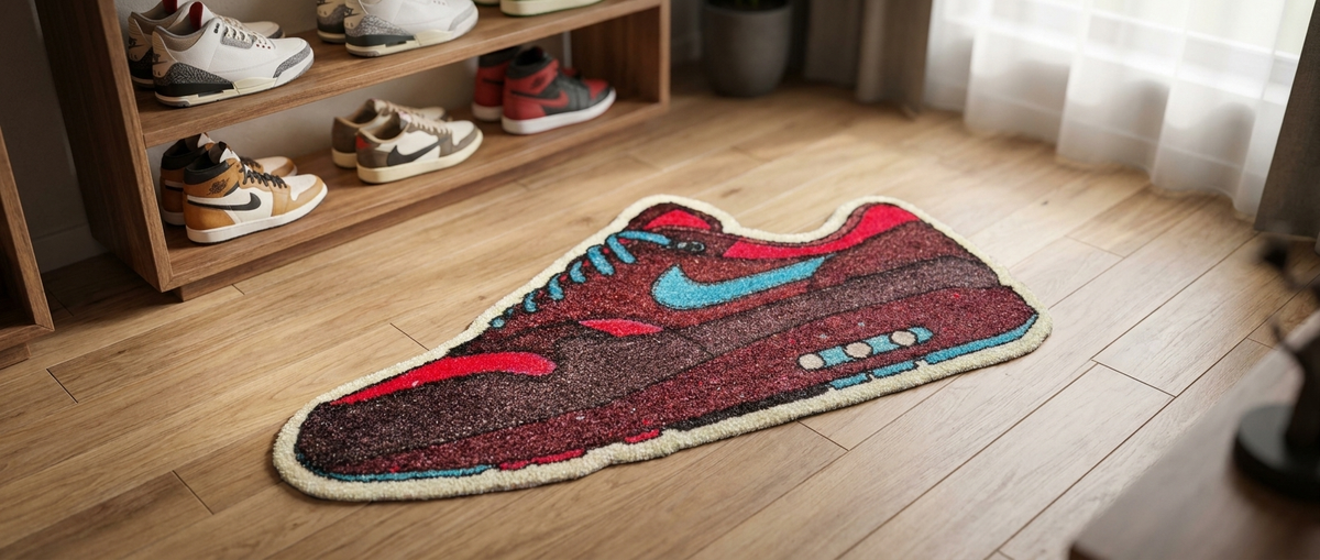 Cutout vloerkleed in de vorm van de Air Max 1 Parra Amsterdam, in een stijlvolle sneakerhead kamer