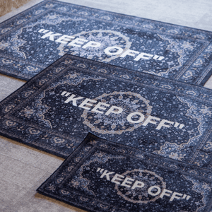 a group of blue and white rugs with white text
