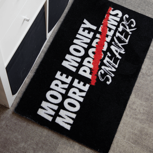 a black and white rug with white text on it