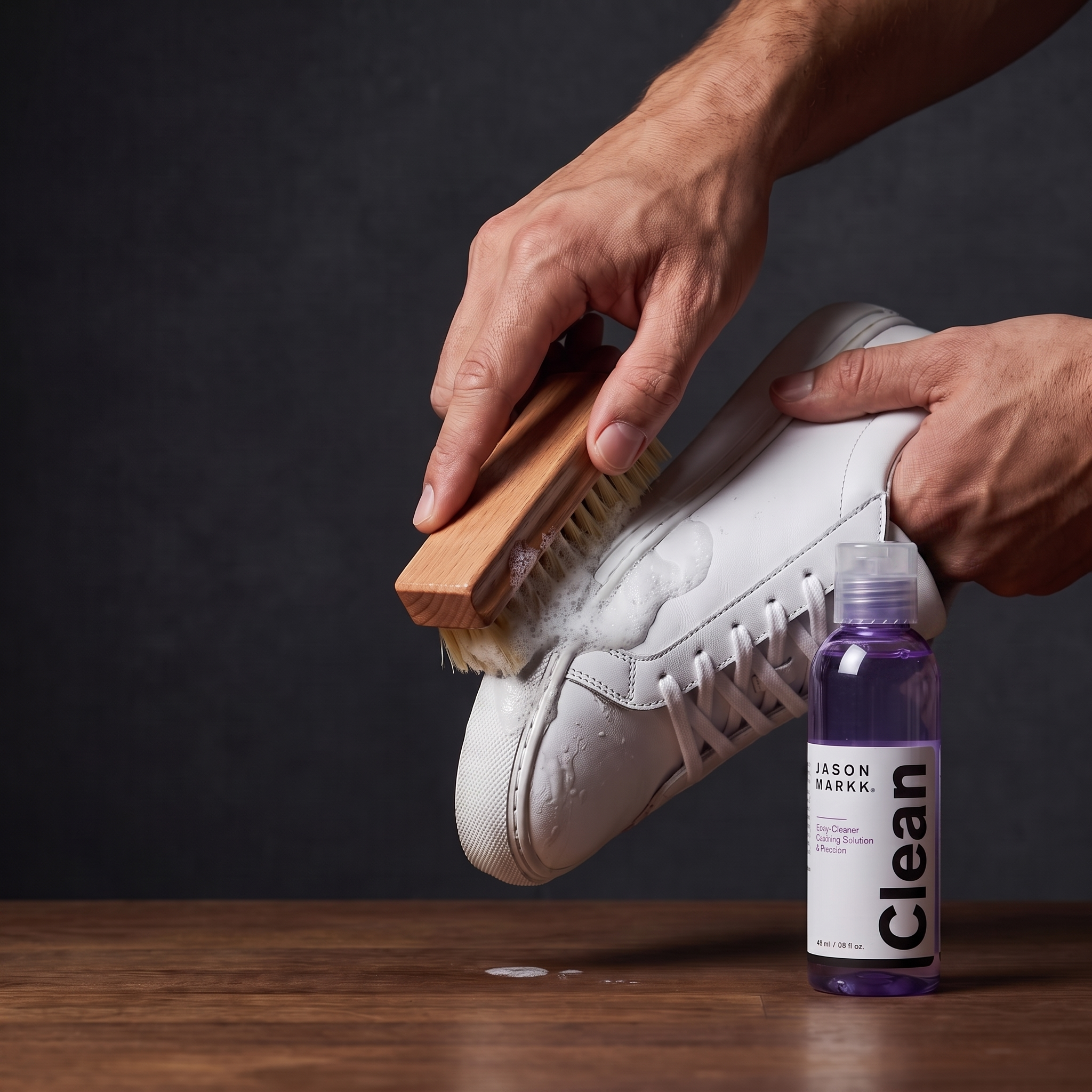 Jason Markk Essential Kit - hands cleaning a sneaker with brush